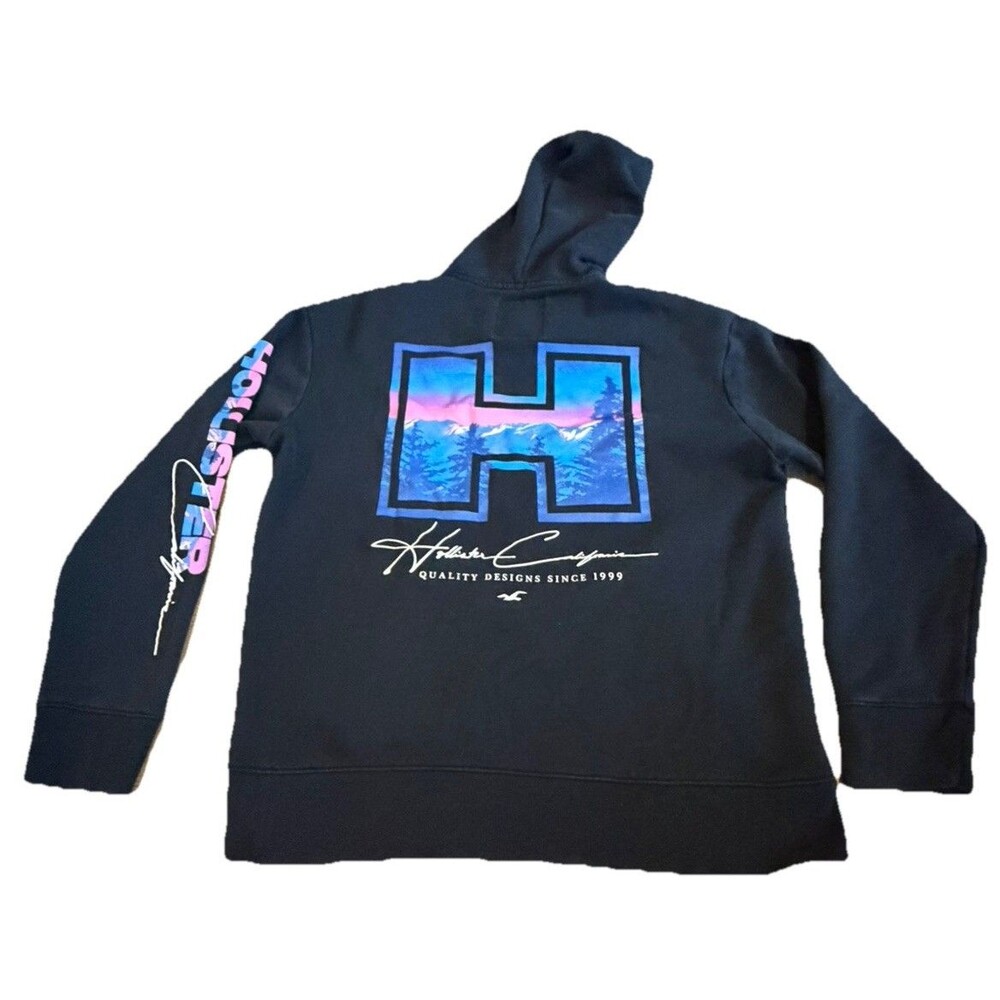 Vintage Y2K Hollister California Men's Large Black Graphic Hoodie Sweatshirt